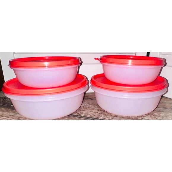 4 Tupperware Sheer White Modular Bowls #2208 #1842 Coral Lid Cereal Snack - Picture 1 of 3